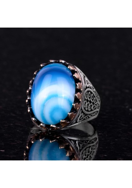 925 Ayar Saf Gümüş Erkek Yüzük - Doğal Taşlarla El Yapımı Şıklık (Mavi Akik Taşı) modelleri