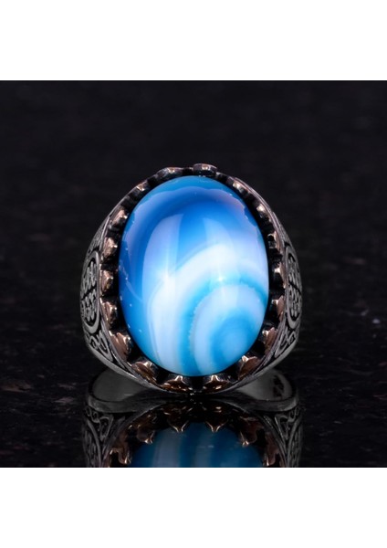 925 Ayar Saf Gümüş Erkek Yüzük - Doğal Taşlarla El Yapımı Şıklık (Mavi Akik Taşı) fırsatları