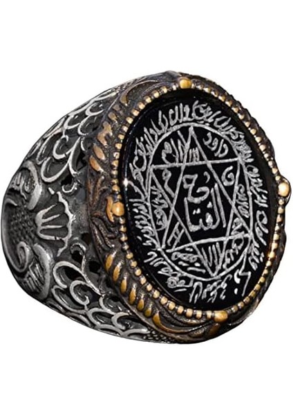 El Yapımı Süleyman Mühürü Yüzüğü, Siyah Oniks Taşı, Islami Erkek Yüzüğü, 925 Ayar Gümüş Yüzük (Oniks)