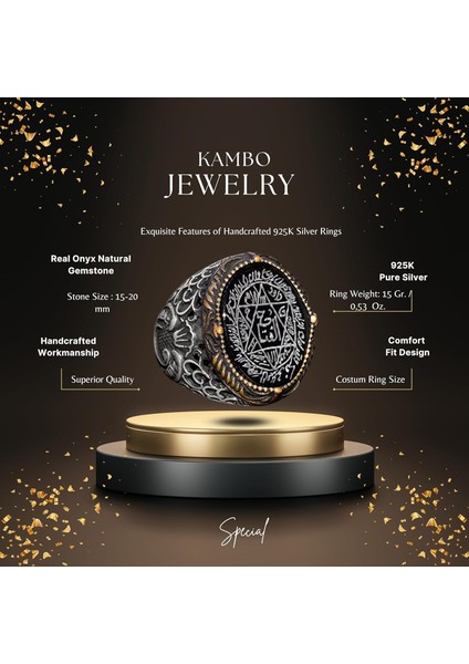 El Yapımı Süleyman Mühürü Yüzüğü, Siyah Oniks Taşı, Islami Erkek Yüzüğü, 925 Ayar Gümüş Yüzük (Oniks) fiyatları