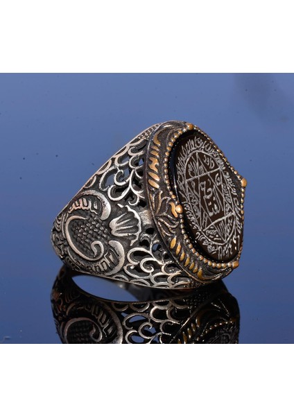 El Yapımı Süleyman Mühürü Yüzüğü, Siyah Oniks Taşı, Islami Erkek Yüzüğü, 925 Ayar Gümüş Yüzük (Oniks) modelleri