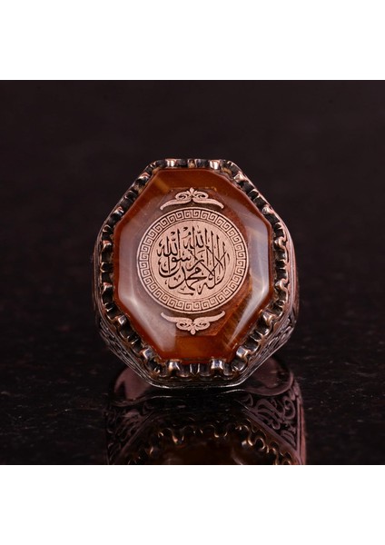 Erkekler Için 925 Ayar Gümüş Yüzük, Amber Taşı, Islami Kelime-I Tevhid Yüzük, Müslüman Hediyesi, Dini Yüzük