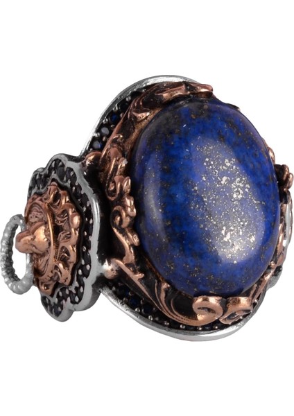 Doğal Lapis Lazuli Taş Yüzük, Aslan Başı Erkek Yüzüğü - Kraliyet 925K Katı Gümüş Erkek Yüzüğü - Bilgelik ve Tasarımı