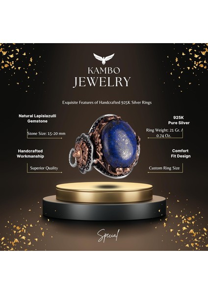 Doğal Lapis Lazuli Taş Yüzük, Aslan Başı Erkek Yüzüğü - Kraliyet 925K Katı Gümüş Erkek Yüzüğü - Bilgelik ve Tasarımı fiyatları