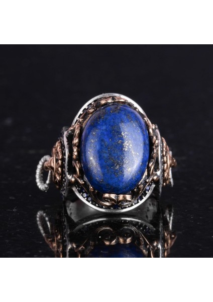Doğal Lapis Lazuli Taş Yüzük, Aslan Başı Erkek Yüzüğü - Kraliyet 925K Katı Gümüş Erkek Yüzüğü - Bilgelik ve Tasarımı fırsatları