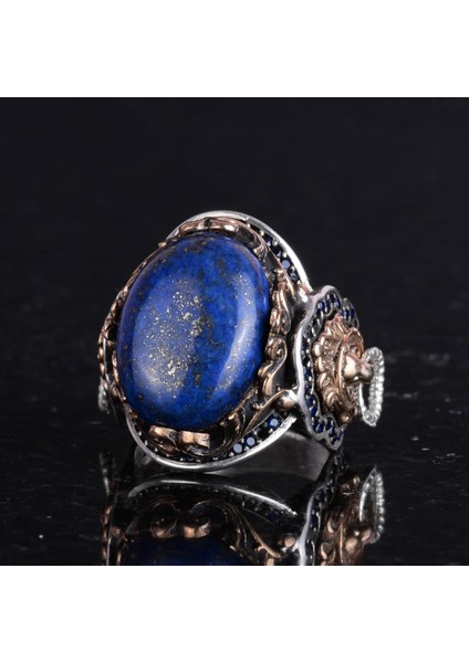 Doğal Lapis Lazuli Taş Yüzük, Aslan Başı Erkek Yüzüğü - Kraliyet 925K Katı Gümüş Erkek Yüzüğü - Bilgelik ve Tasarımı indirimleri