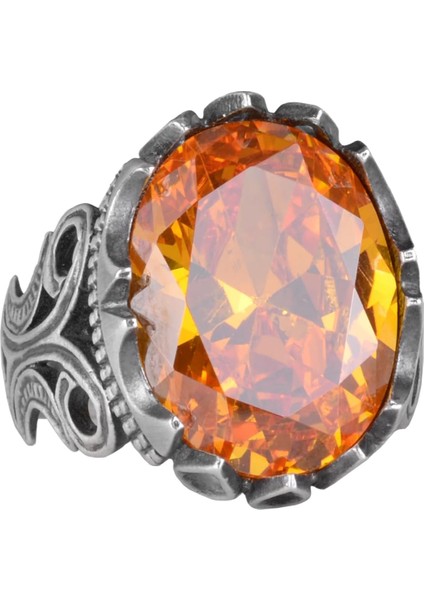 925 Ayar Gümüş Erkek Yüzük - Farklı Tasarım Yapay Taşlarla Mevcuttur (Turuncu Sitrin Tasarım Taşı)
