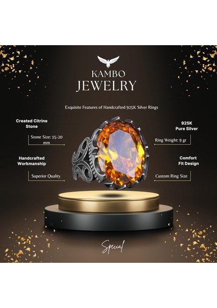 925 Ayar Gümüş Erkek Yüzük - Farklı Tasarım Yapay Taşlarla Mevcuttur (Turuncu Sitrin Tasarım Taşı) fiyatları