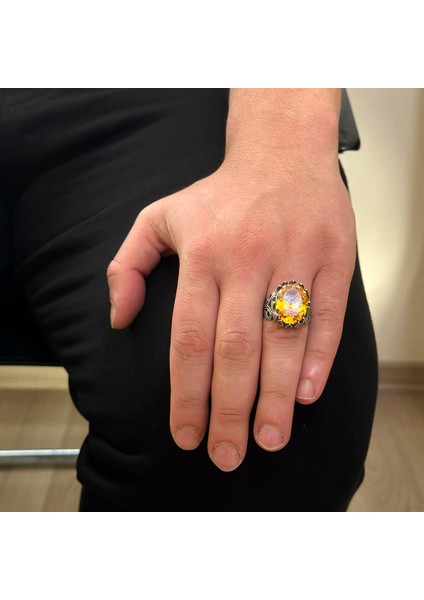 925 Ayar Gümüş Erkek Yüzük - Farklı Tasarım Yapay Taşlarla Mevcuttur (Turuncu Sitrin Tasarım Taşı) modelleri