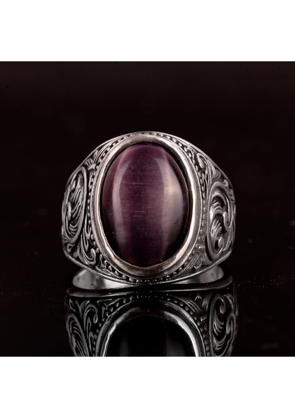 Doğal Ametist Kedi Gözlü Taş Yüzük - 925 Ayar Gümüş Erkek Yüzük - Koruyucu ve Sezgisel Tasarım fiyatları