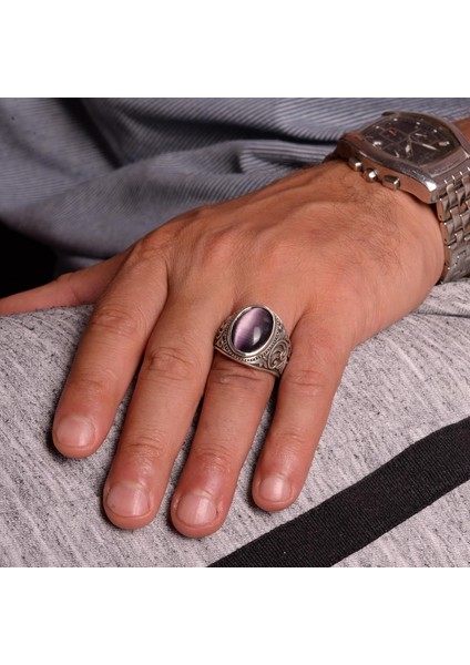Doğal Ametist Kedi Gözlü Taş Yüzük - 925 Ayar Gümüş Erkek Yüzük - Koruyucu ve Sezgisel Tasarım modelleri