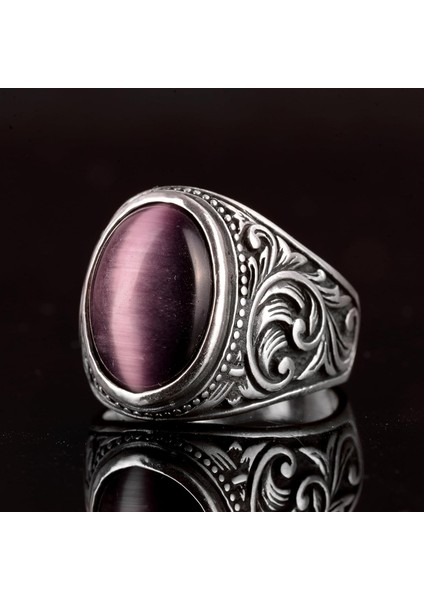 Doğal Ametist Kedi Gözlü Taş Yüzük - 925 Ayar Gümüş Erkek Yüzük - Koruyucu ve Sezgisel Tasarım fırsatları