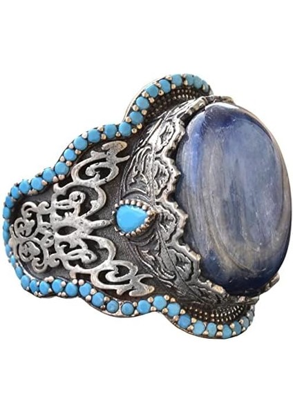 El Yapımı 925 Ayar Gümüş Erkek Yüzük - Doğal Taşlı (Kyanit) Orta Doğu Tasarımı