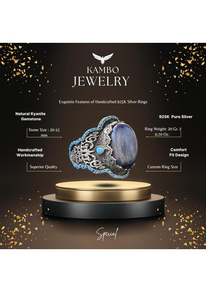 El Yapımı 925 Ayar Gümüş Erkek Yüzük - Doğal Taşlı (Kyanit) Orta Doğu Tasarımı fiyatları