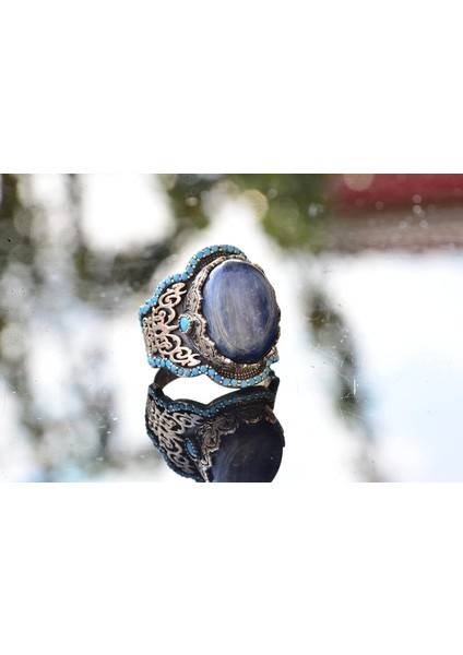 El Yapımı 925 Ayar Gümüş Erkek Yüzük - Doğal Taşlı (Kyanit) Orta Doğu Tasarımı modelleri