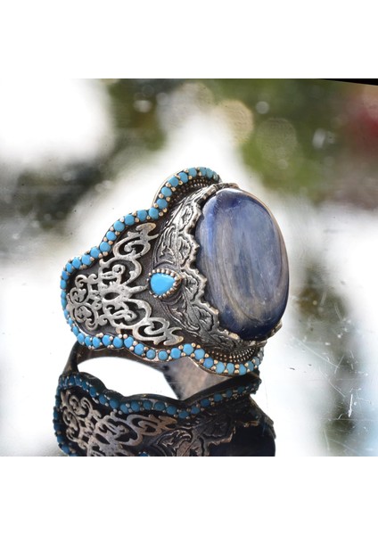 El Yapımı 925 Ayar Gümüş Erkek Yüzük - Doğal Taşlı (Kyanit) Orta Doğu Tasarımı fırsatları