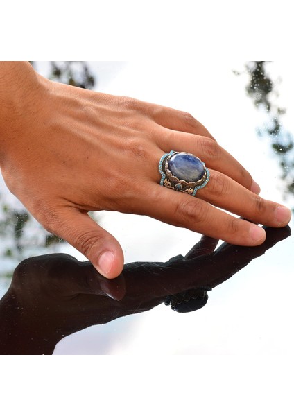 El Yapımı 925 Ayar Gümüş Erkek Yüzük - Doğal Taşlı (Kyanit) Orta Doğu Tasarımı indirimleri