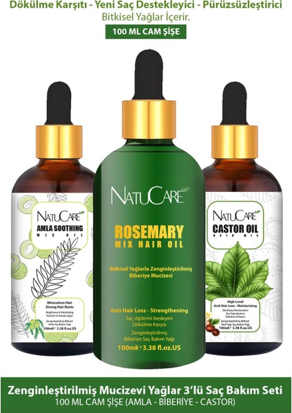 Natucare Zenginleştirilmiş Mucizevi Yağlar 3'lü Saç Bakım Seti 100 ml (Amla-Biberiye-Castor)