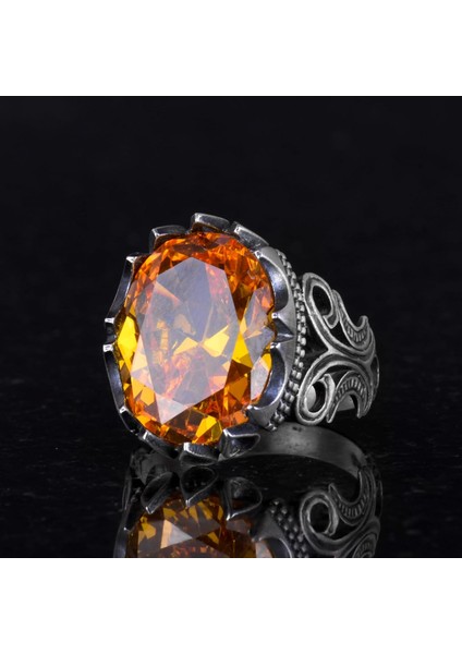 925 Ayar Gümüş Erkek Yüzük - Farklı Tasarım Yapay Taşlarla Mevcuttur (Turuncu Sitrin Tasarım Taşı) fırsatları