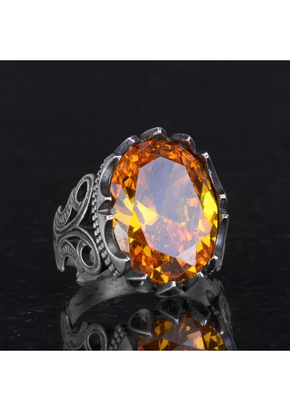 925 Ayar Gümüş Erkek Yüzük - Farklı Tasarım Yapay Taşlarla Mevcuttur (Turuncu Sitrin Tasarım Taşı) indirimleri