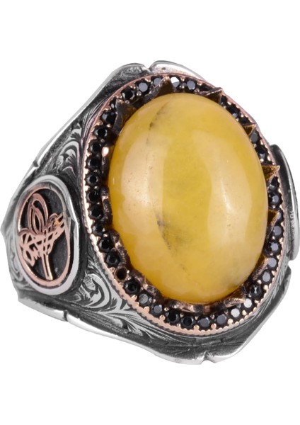 925 Ayar Katı Gümüş Erkek Yüzük, Doğal Taşlar ile - El Yapımı Zarafet (Sarı Akik Taşı)