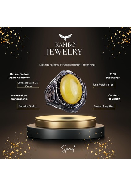 925 Ayar Katı Gümüş Erkek Yüzük, Doğal Taşlar ile - El Yapımı Zarafet (Sarı Akik Taşı) fiyatları