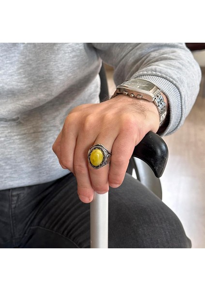 925 Ayar Katı Gümüş Erkek Yüzük, Doğal Taşlar ile - El Yapımı Zarafet (Sarı Akik Taşı) modelleri