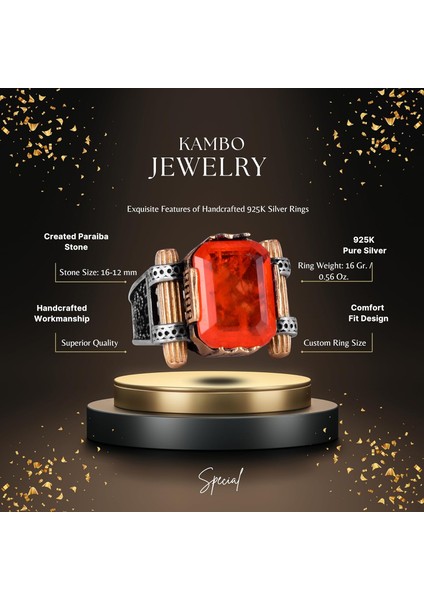 Turuncu Paraiba Yapay Taşı Yüzük - 925 Ayar Gümüş El Yapımı Yüzük fiyatları