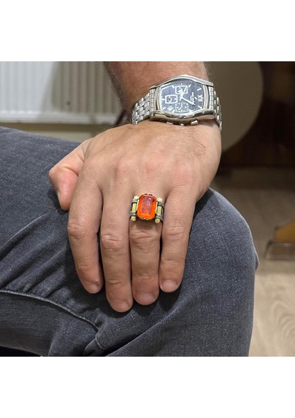 Turuncu Paraiba Yapay Taşı Yüzük - 925 Ayar Gümüş El Yapımı Yüzük modelleri