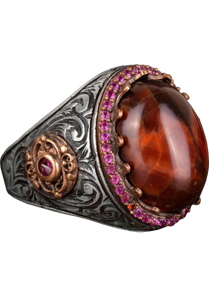 Doğal Kan Taşı Taş Yüzük, El Yapımı Yüzük, 925 Ayar Gümüş Erkek Yüzük