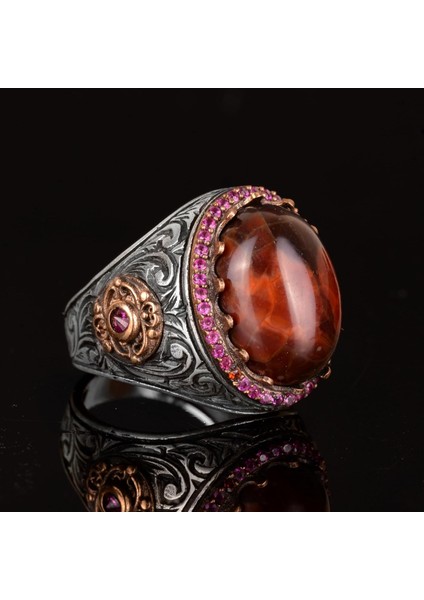 Doğal Kan Taşı Taş Yüzük, El Yapımı Yüzük, 925 Ayar Gümüş Erkek Yüzük fırsatları