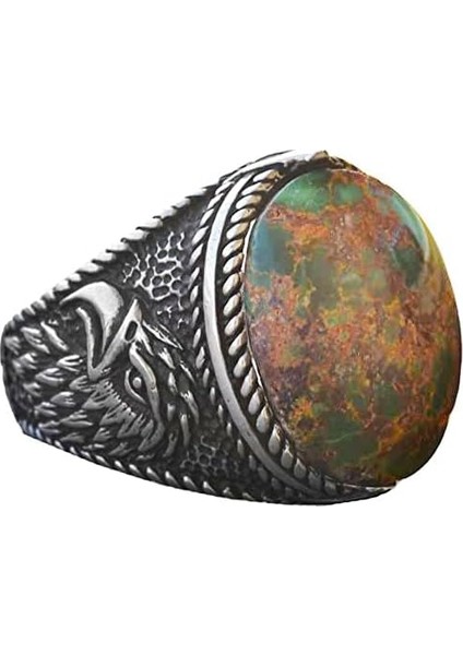 Doğal Yeşil Turkuaz (Firuze) Şahin Tasarımlı Yüzük - 925 Ayar Gümüş El Yapımı Erkek Takısı