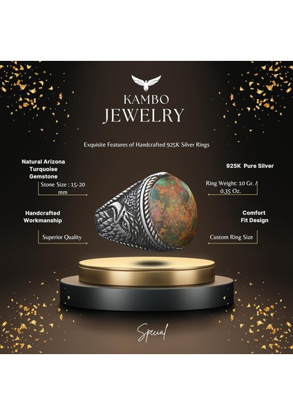 Doğal Yeşil Turkuaz (Firuze) Şahin Tasarımlı Yüzük - 925 Ayar Gümüş El Yapımı Erkek Takısı fiyatları