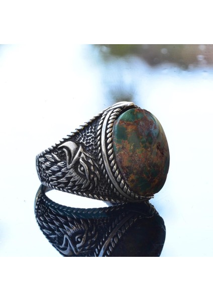 Doğal Yeşil Turkuaz (Firuze) Şahin Tasarımlı Yüzük - 925 Ayar Gümüş El Yapımı Erkek Takısı fırsatları