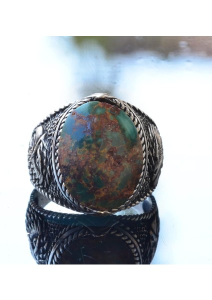 Doğal Yeşil Turkuaz (Firuze) Şahin Tasarımlı Yüzük - 925 Ayar Gümüş El Yapımı Erkek Takısı indirimleri