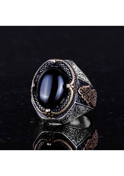 Doğal Oniks Taş Yüzük - 925 Ayar Sert Gümüş Erkek Yüzüğü, Tutku ve Enerji Tasarımı indirimleri