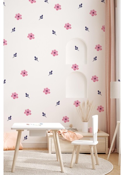 Soft Renklerde Pembe Çiçekler ve Yapraklar Dekoratif Sticker Seti Duvar Kağıdı Görünümlü Sticker fırsatları
