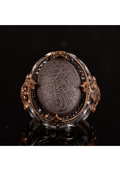 925 Ayar Gümüş Erkek Yüzük, Doğal Hematit Taşı, Vintage Islami Tevhid Tasarımı, Oymalı Hat Sanatı modelleri