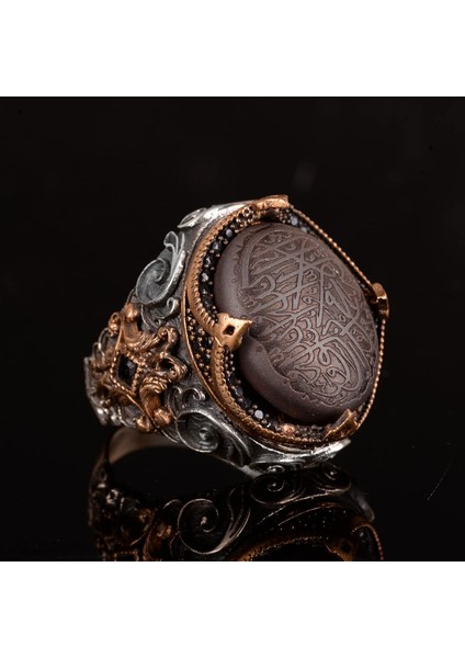 925 Ayar Gümüş Erkek Yüzük, Doğal Hematit Taşı, Vintage Islami Tevhid Tasarımı, Oymalı Hat Sanatı indirimleri