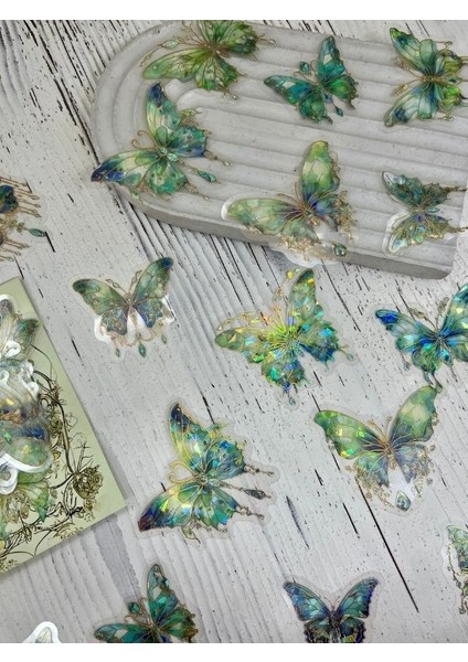 Fluorescent Scıntıllatıon Işıl Işıl Yeşil Kelebekler Şeffaf Pet Sticker Set/çıkartma/su Geçirmez/altın Yaldızlı/bullet Journal