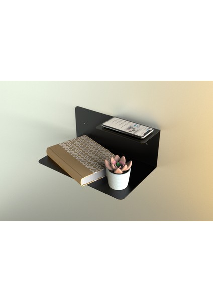 Metal Duvar Rafı Yatak Kenarı Rafı Çift Katlı Kitaplık Süs ve Telefon Tutucu Siyah