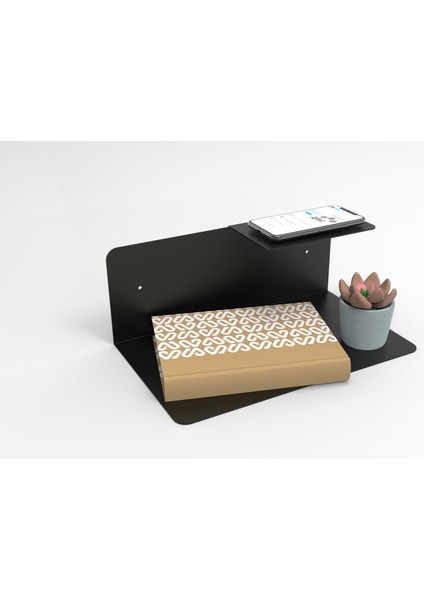 Metal Duvar Rafı Yatak Kenarı Rafı Çift Katlı Kitaplık Süs ve Telefon Tutucu Siyah fırsatları