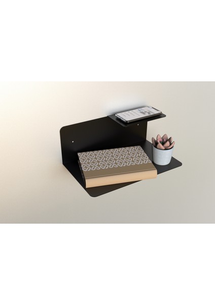 Metal Duvar Rafı Yatak Kenarı Rafı Çift Katlı Kitaplık Süs ve Telefon Tutucu Siyah indirimleri