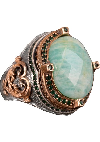 Doğal Amazonit Taş Yüzük, Erkek Yüzüğü, 925 Ayar Gümüş Yüzük, El Yapımı Yüzük