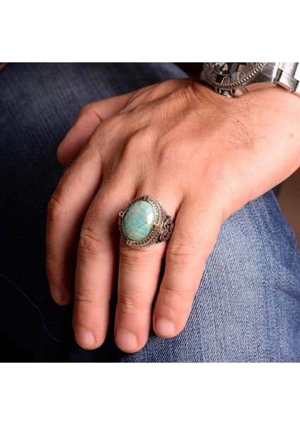 Doğal Amazonit Taş Yüzük, Erkek Yüzüğü, 925 Ayar Gümüş Yüzük, El Yapımı Yüzük modelleri