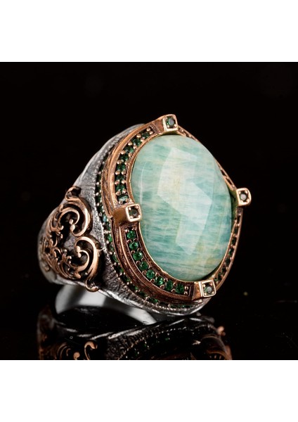 Doğal Amazonit Taş Yüzük, Erkek Yüzüğü, 925 Ayar Gümüş Yüzük, El Yapımı Yüzük fırsatları