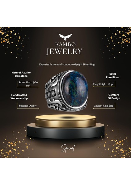 Gümüş Erkek Yüzük, Doğal Azurit Taşlı Yüzük, 925K Katı Sterlin Gümüş Yüzük, Içgörü ve Netlik Tasarımı fiyatları