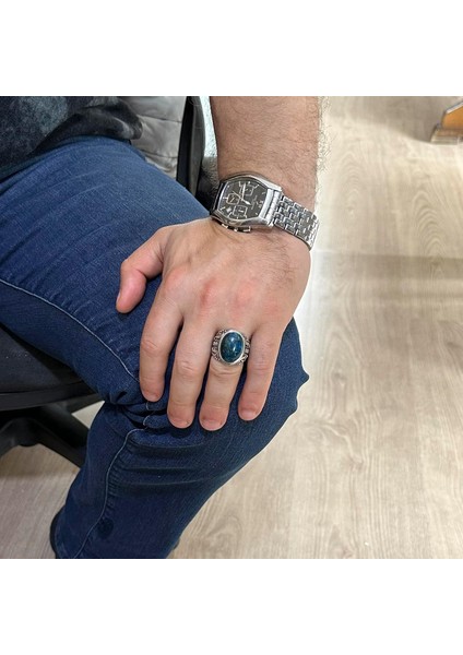 Gümüş Erkek Yüzük, Doğal Azurit Taşlı Yüzük, 925K Katı Sterlin Gümüş Yüzük, Içgörü ve Netlik Tasarımı modelleri