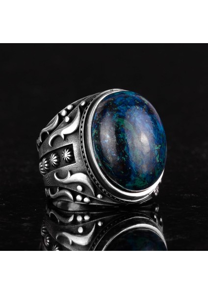 Gümüş Erkek Yüzük, Doğal Azurit Taşlı Yüzük, 925K Katı Sterlin Gümüş Yüzük, Içgörü ve Netlik Tasarımı indirimleri