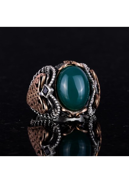 El Yapımı Doğal Jade Taş Yüzük - Huzurlu 925K Katı Gümüş Erkek Yüzüğü - Uyum ve Refah Tasarımı fırsatları
